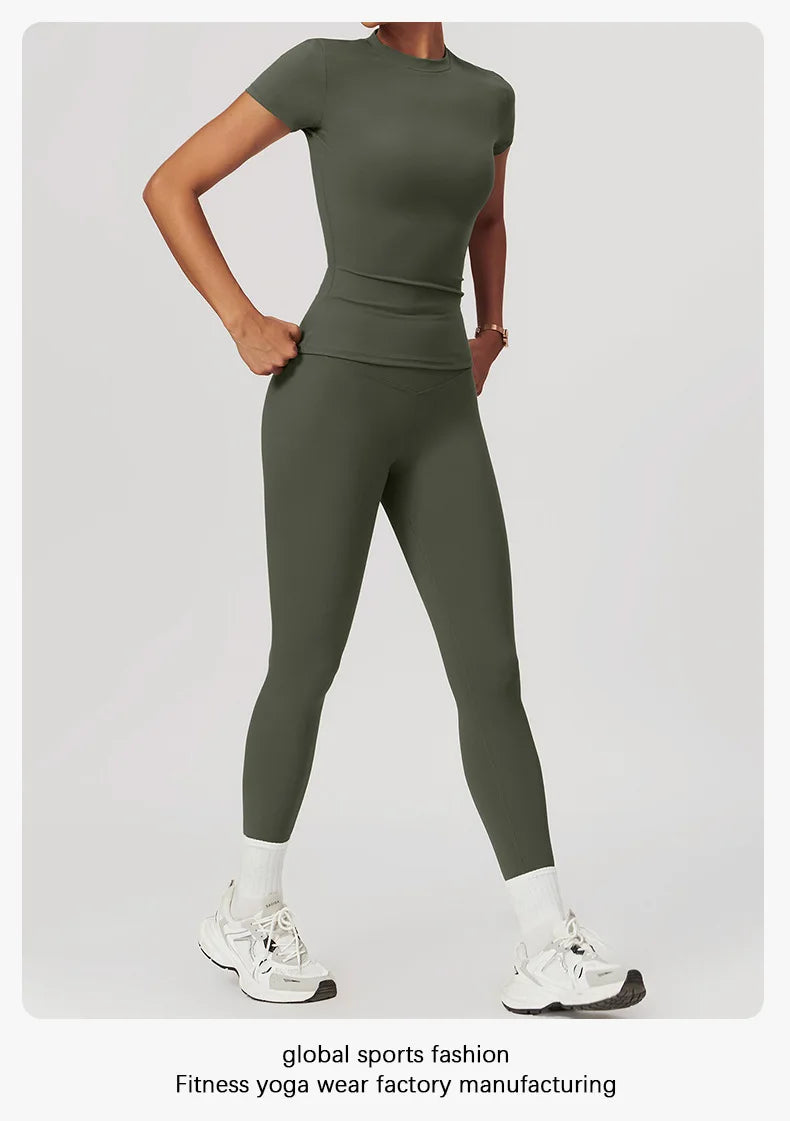 Damen-Sport-T-Shirt, Sommer, kurzärmelig, Laufen, Rundhalsausschnitt, atmungsaktiv, dehnbar, Fitnessstudio, Yoga, schlank, Fitness, aktives Top-T-Shirt