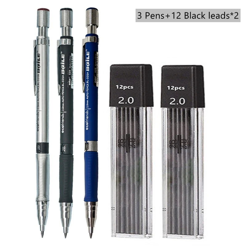 Druckbleistift-Set 2,0 mm mit 2B-Schwarz/Farben-Minenminen zum Schreiben, Skizzieren, Kunst, Zeichnen, Malen, Schule, automatischer Bleistift