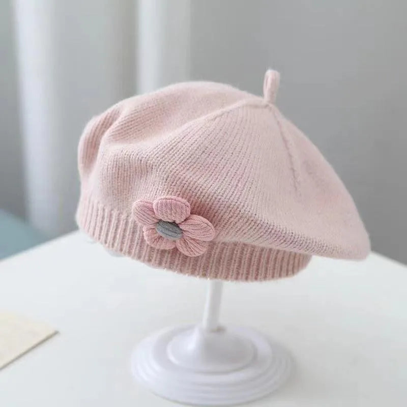 Blume Baby Baskenmütze Hut Winter Warme Gestrickte Beanie Cap für Kleinkind Mädchen Koreanische Kleinkind Prinzessin Künstler Einfarbig Maler Kappen