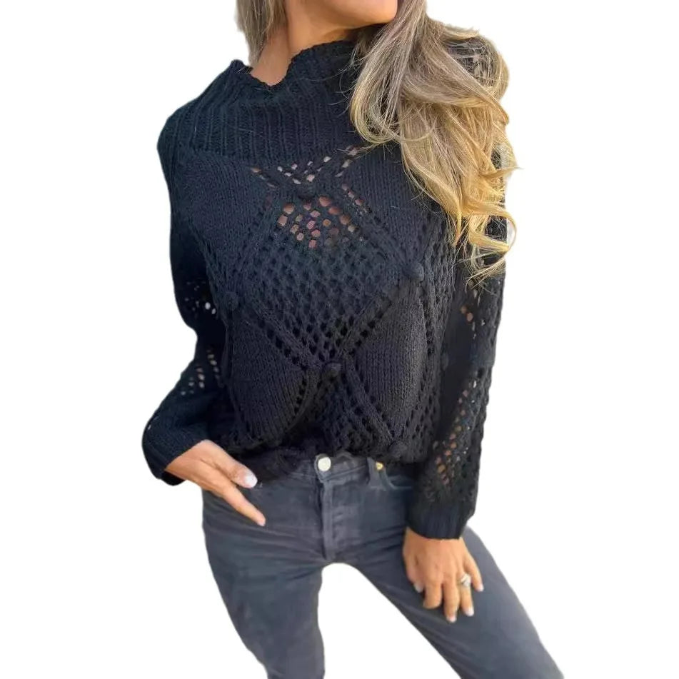 Hohl Einfarbig Langarm Gestrickte Rundhals Lange Vielseitige Pullover Herbst Pullover Damen Roupas De Inverno Feminina Mulher