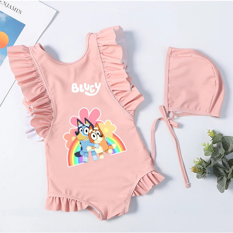 Cartoon Bluey Mädchen Sommer-Badeanzüge Kinder Einteilige & Bikini-Sets mit Badekappe Strandkleidung Bademode für Kinder