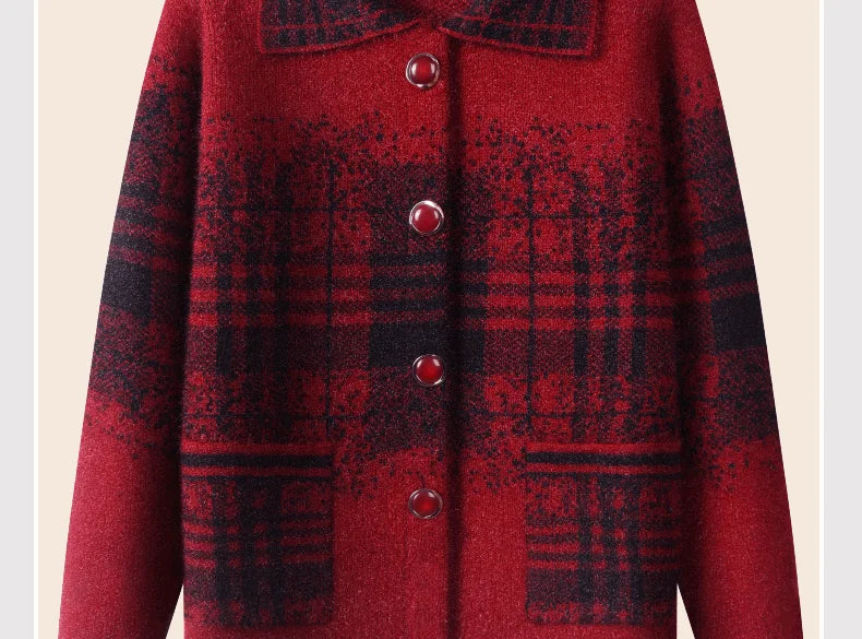 Strickjacke für Ältere Frauen mit Umlegekragen, Karomuster, Dick, Warm, mit Knöpfen, Wintermantel für Mütter und Großmütter