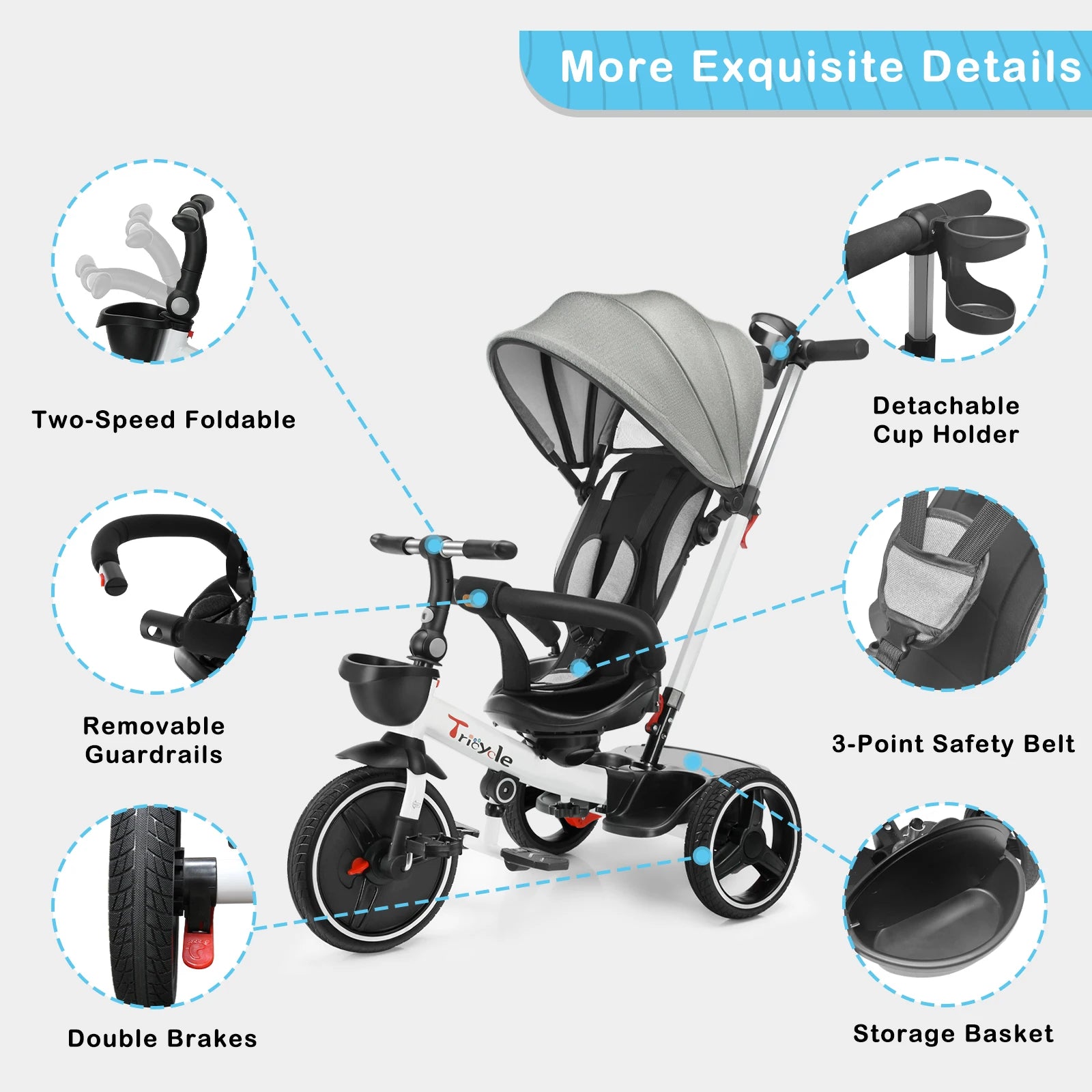 Baby-Dreirad, 6-in-1-Baby-Push-Bike-Lenkwagen, Lern-Fahrrad für Kleinkinder/abnehmbare Geländer, verstellbares Baldachin