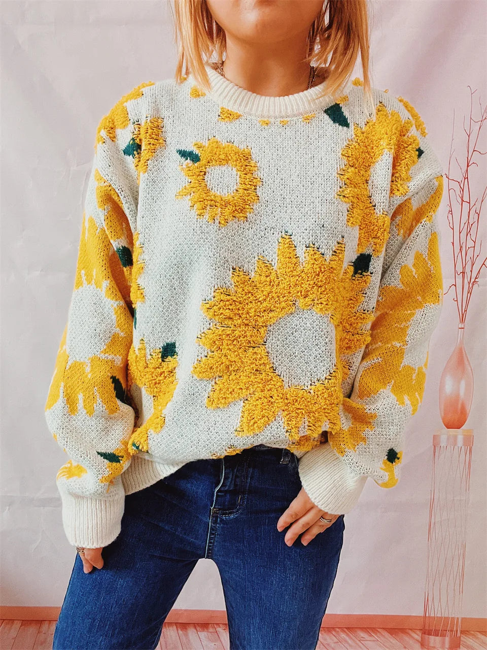 Damen Herbst Pullover Damen Mode Rundhalspullover mit Blumendruck, vielseitig einsetzbar für Herbst und Winter Herbst Pullover Damen