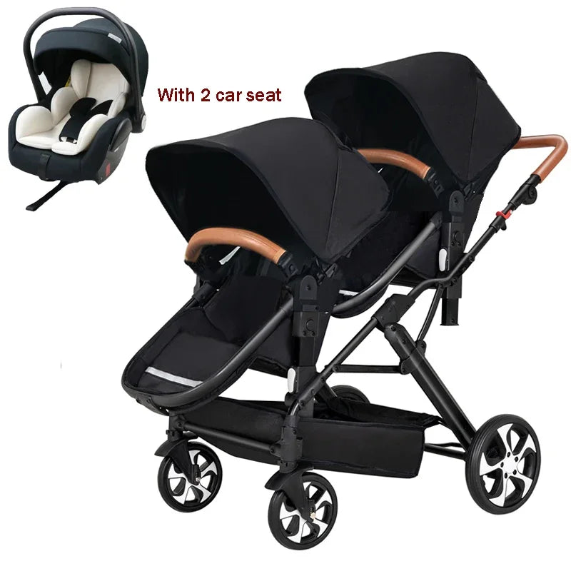 3-in-1-Zwillings-Kinderwagen mit Autositz für zwei Kinder, faltbar, stoßdämpfender Kinderwagen mit hoher Landschaft