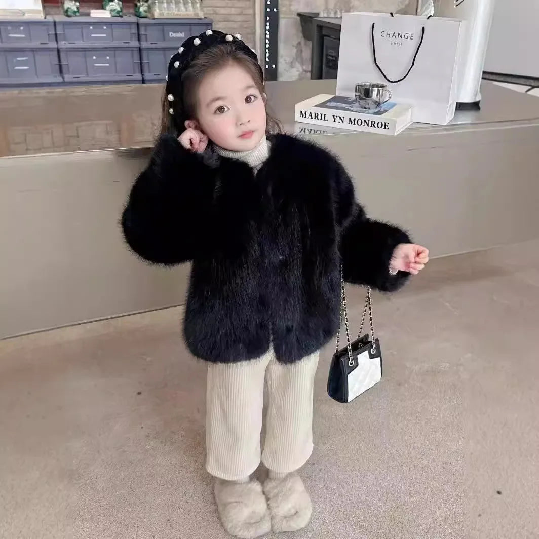 Gefälschte Pelz Mädchen Jacke Herbst Winter Neue Einfarbig Dicke Warm Halten Einreiher Mantel Für 3-10 Jahre mädchen Mode Oberbekleidung