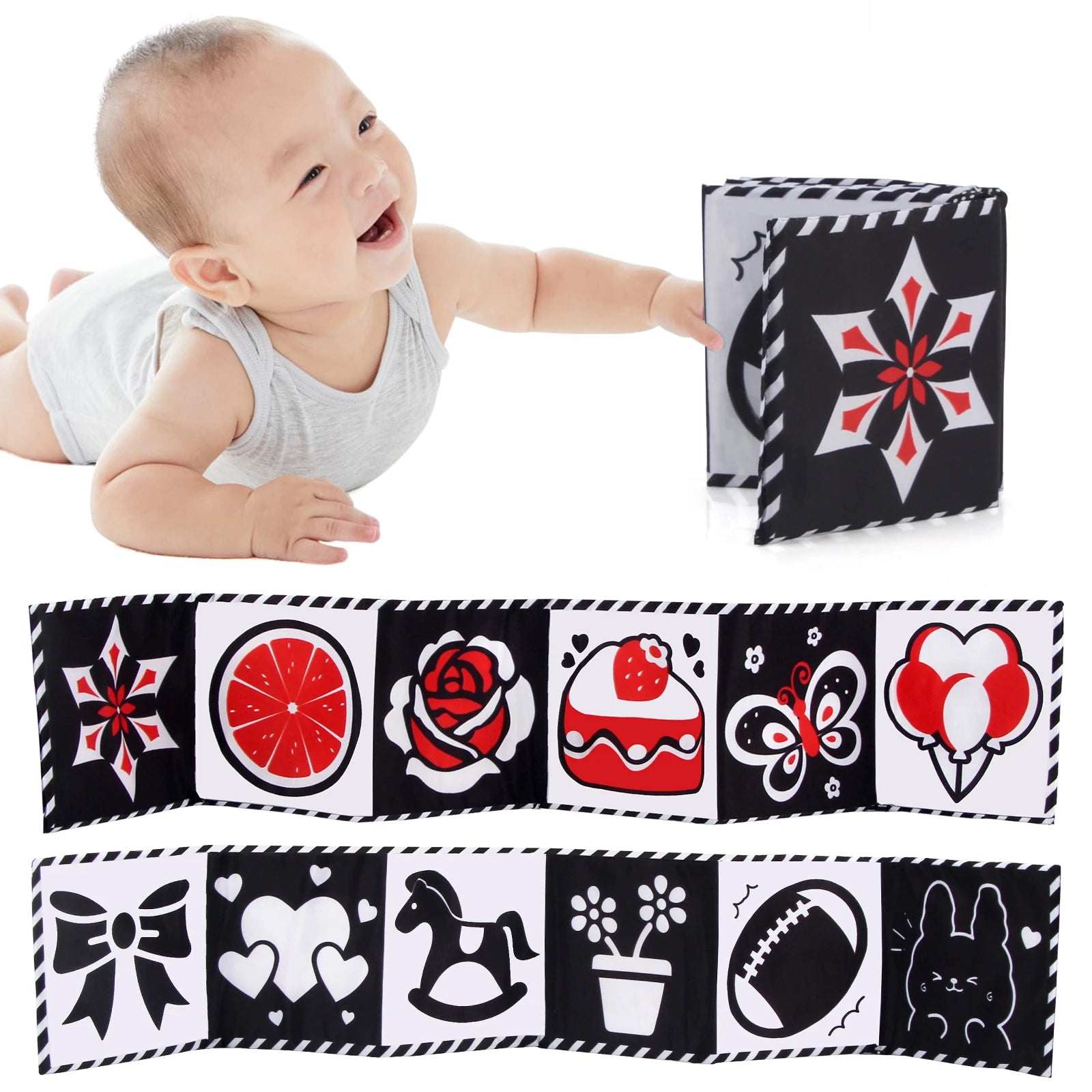 Baby Stoffbuch Hochkontrast-Babyspielzeug 0M+ Neugeborenen-Krippenspielzeug Schwarz-Weiß Tier-Sensorik-Stoffbücher Montessori-Spielzeug