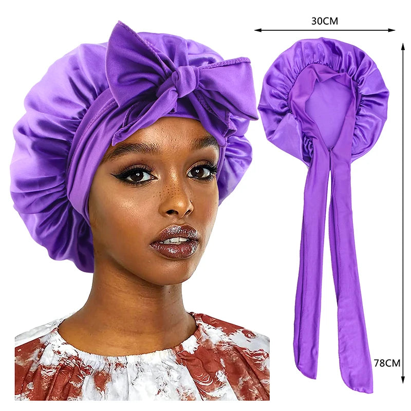 Neue Satin Schlafmütze Für Frauen Feste Breite Band Stretch Kopf Krawatte Seidige Motorhaube Rand Wrap Schlummertrunk Haarpflege Dusche Kopf Abdeckung