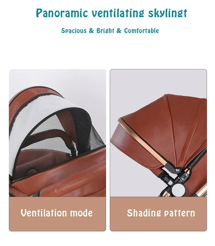 Kinderwagen 3in1 mit abnehmbarem Korb im Autositz. Hochformatige Eierschale aus PU-Leder, Babywagen, Luxuswagen für Babyautos