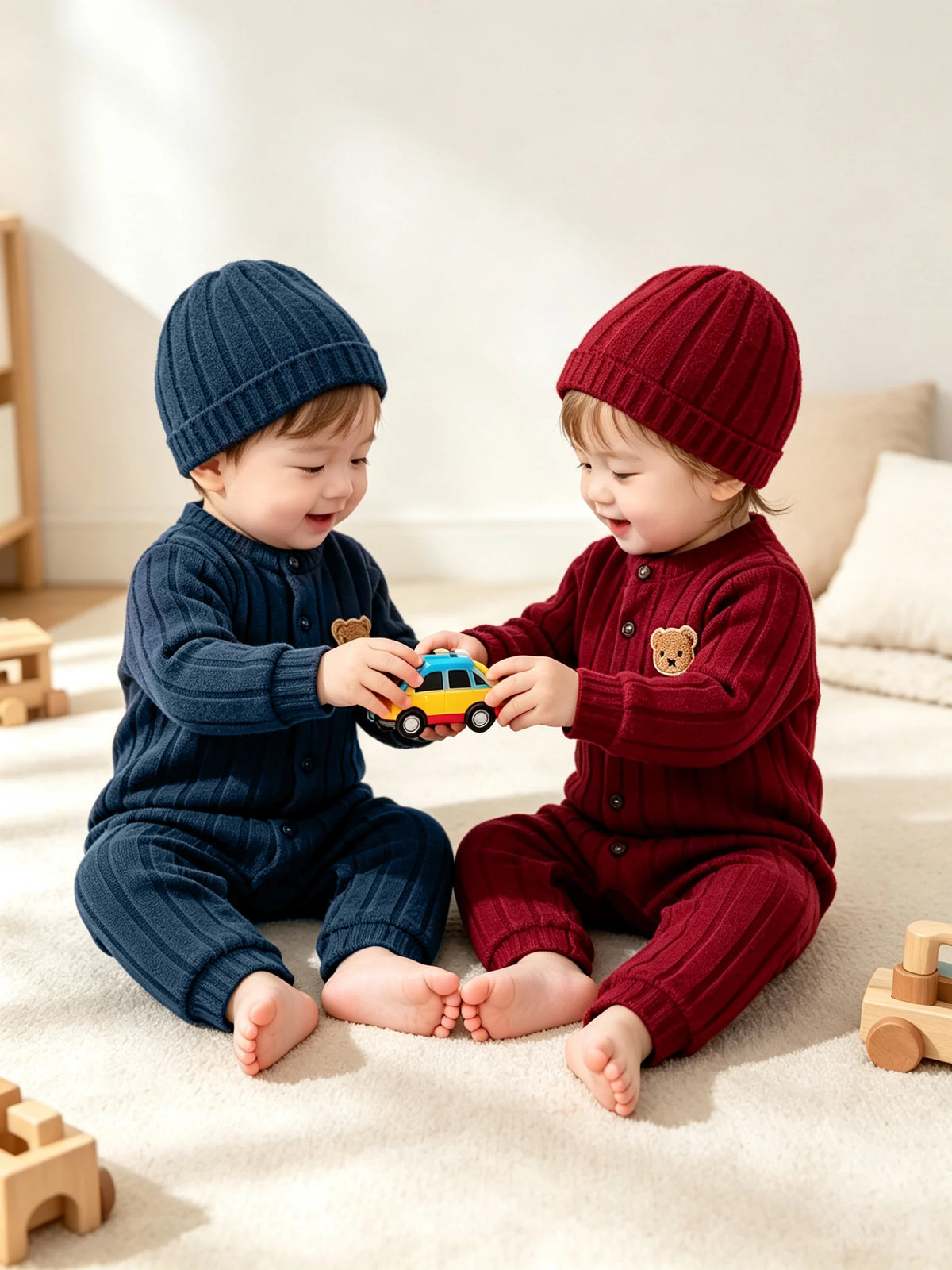 【Baby Junge】Herbst- und Winter-Strampler in Rot mit Knöpfen vorne und niedlichem Bärenabzeichen auf der Brust + Set mit roter Mütze mit einem W
