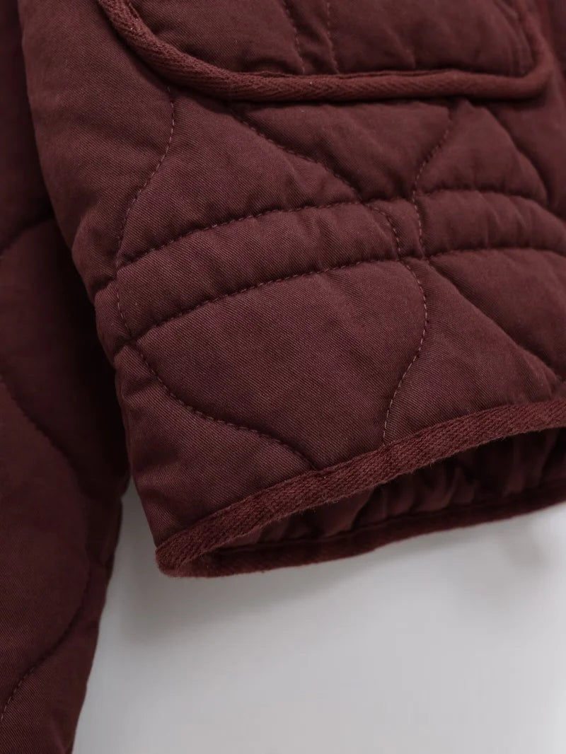 Damen Polyester Gefütterte Jacke 2026 Neuerscheinung Vintage Lenzing Rayon Hochkragen Große Tasche Dekorativer Gesteppter Mantel für Frauen