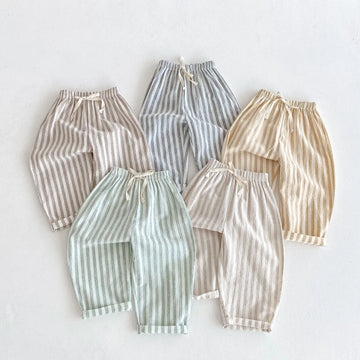 Frühling Sommer Jungen Gestreifte Weite Hosen Baby Mädchen Vintage Lässige Leinen-Baumwoll-Harlan-Hosen Kinder Schnürhose Kinderkleidung