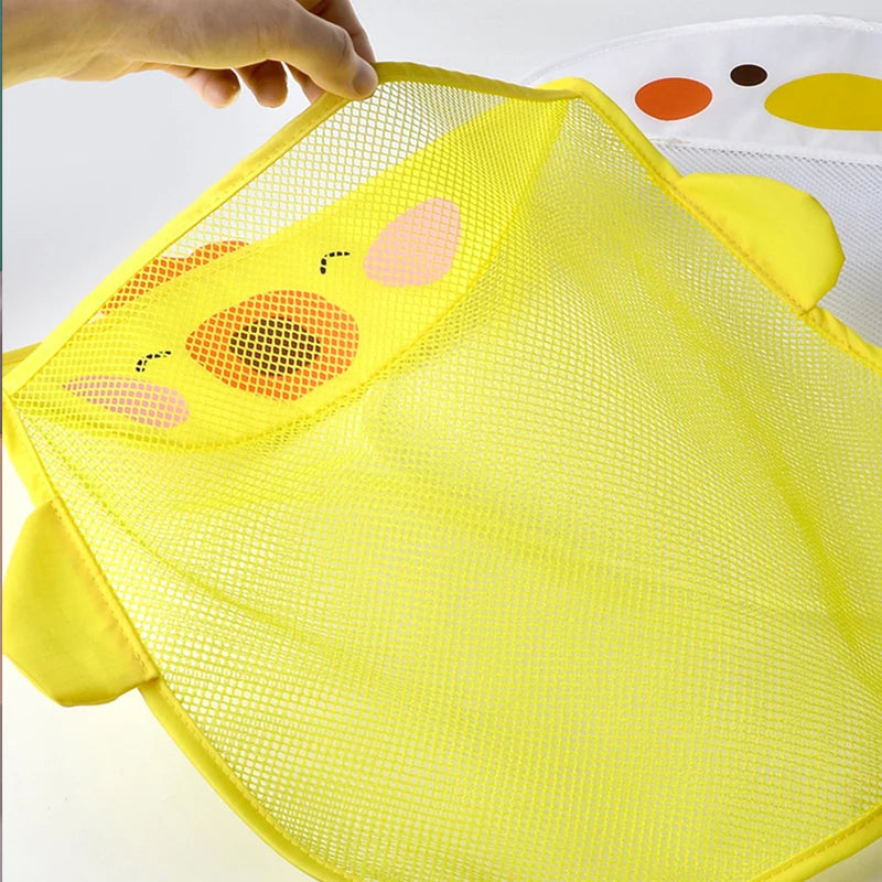 QWZ Neue Cartoon Ente Baby Badezimmer Mesh Tasche Sucker Design Für Bad Spielzeug Kinder Tier Formen Tuch Sand Spielzeug Lagerung Net Tasche