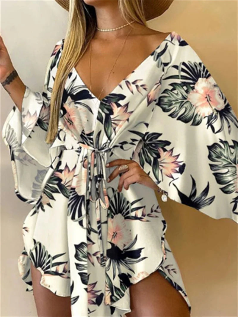 Frauen Print Kleid Sexy V-ausschnitt Fledermaus Ärmel Rüschen Blumen Drucken Böhmischen Strand Sommerkleid Damen Lose Sommer Urlaub Mini Kleider