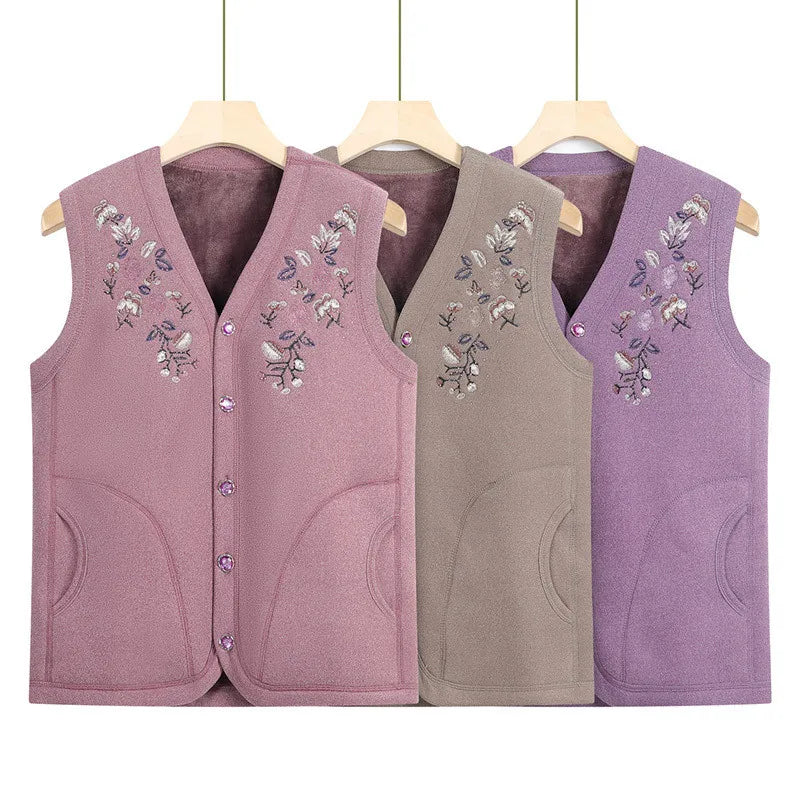 Oma Herbst Winter Weste Frau Stickerei Einreiher Plüsch Warme Ärmellose Jacke Weibliche Casual Weste Mantel 4XL 2925