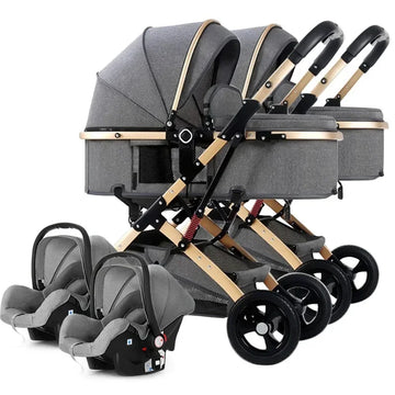 3-in-1-Zwillings-Kinderwagen mit Autositz, tragbarer faltbarer Kinderwagen mit hoher Sicht, Kinderwagen für Neugeborene, kann sitzen und liegen