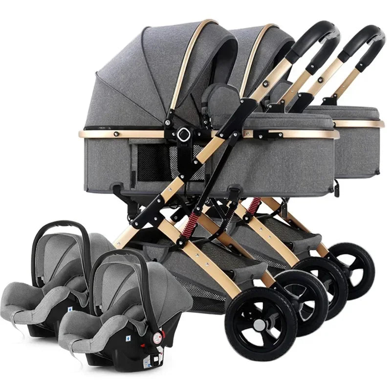 3-in-1-Zwillings-Kinderwagen mit Autositz, tragbarer faltbarer Kinderwagen mit hoher Sicht, Kinderwagen für Neugeborene, kann sitzen und liegen