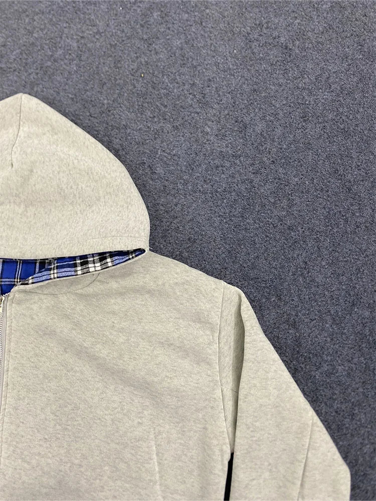 Winter Casual Karierter Hoodie für Damen, Warmer Reißverschluss-Sweatshirt, Beidseitig Tragbar, Modisch Trendy, Locker Geschnittener Kapuzenpullover