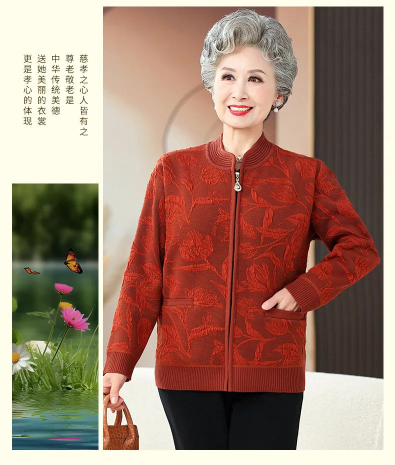 Plus Size Frauen drucken Strickjacke Mantel mittleren Alters Mutter schlanke Pullover Jacke Oma Winter Plüsch warme Kleidung