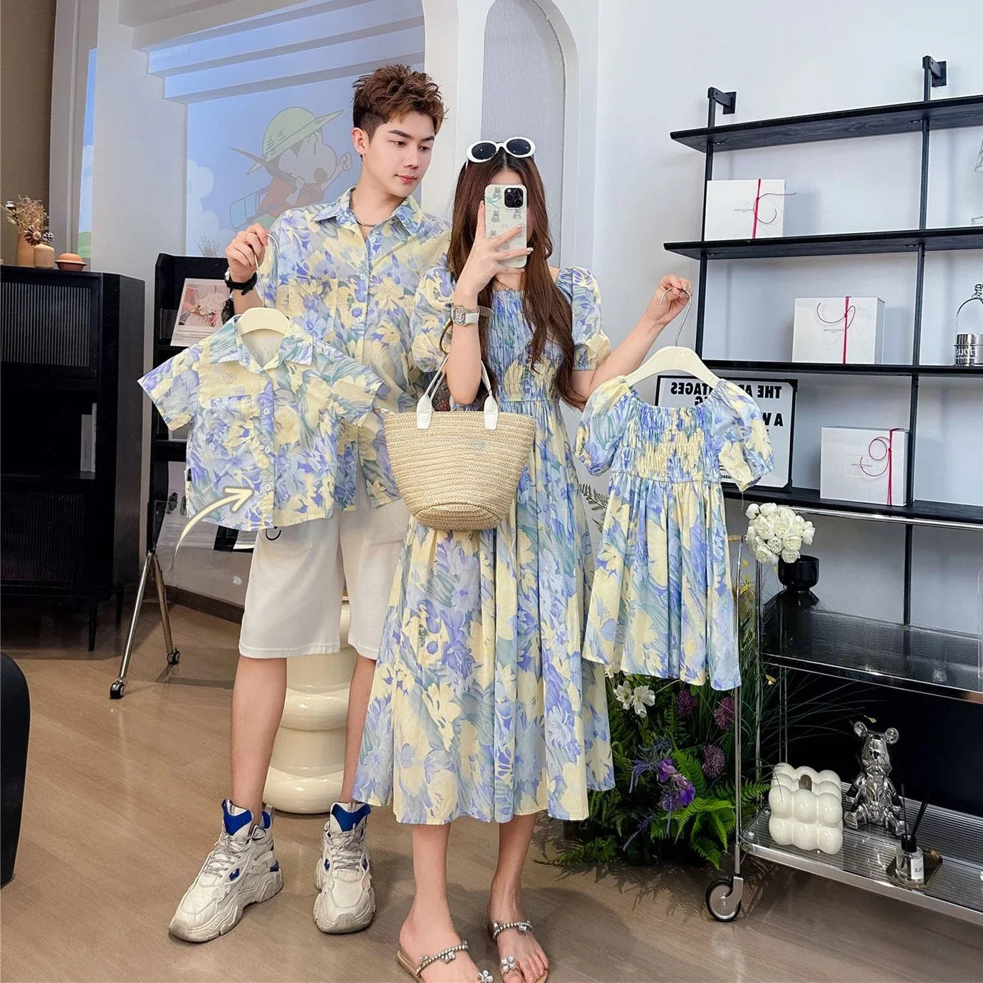 Urlaub Look Familie passende Kleidung Urlaub Mutter Tochter Mädchen Kittel Kleid Papa Sohn Blumen hemden Schwester Bruder Zwillinge Kleidung