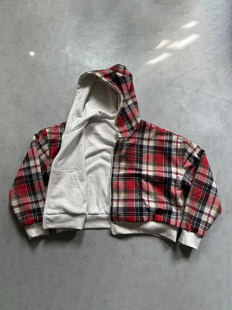 Winter Casual Karierter Hoodie für Damen, Warmer Reißverschluss-Sweatshirt, Beidseitig Tragbar, Modisch Trendy, Locker Geschnittener Kapuzenpullover