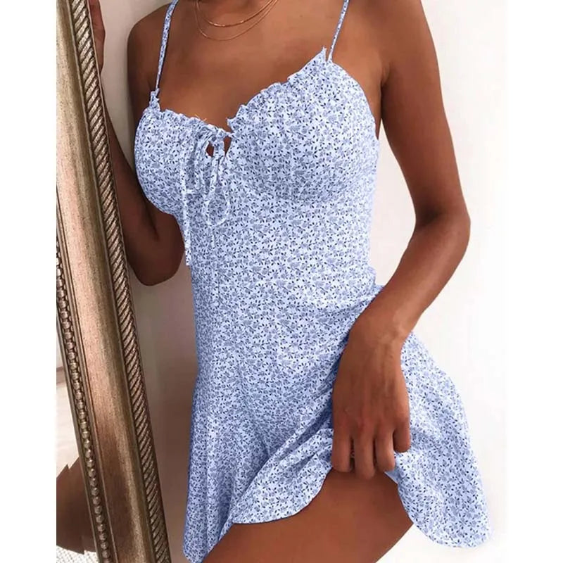 Mini-Kleider in A-Linie mit Blumenmuster, sexy Damen-Dating-Kleid, trägerloses, rückenfreies Kleid, Boho, einfarbig, Strandkleidung