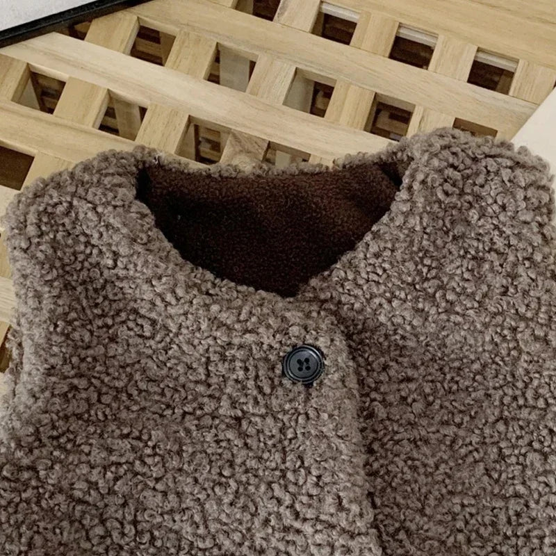 Herbst Winter Baby Lamm Wolle Plus Samt Weste Mädchen Jungen Plüsch Weste Einreiher V-ausschnitt Kind Warme Mode Warme Mantel