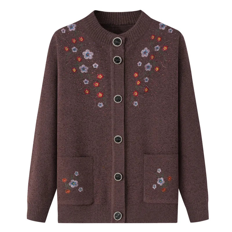 Frühling Herbst Top Frauen Ältere Mutter der Bestickt Gestrickte Pullover Oma Winter Plus Samt Dicke Strickjacke Mantel XL-4XL