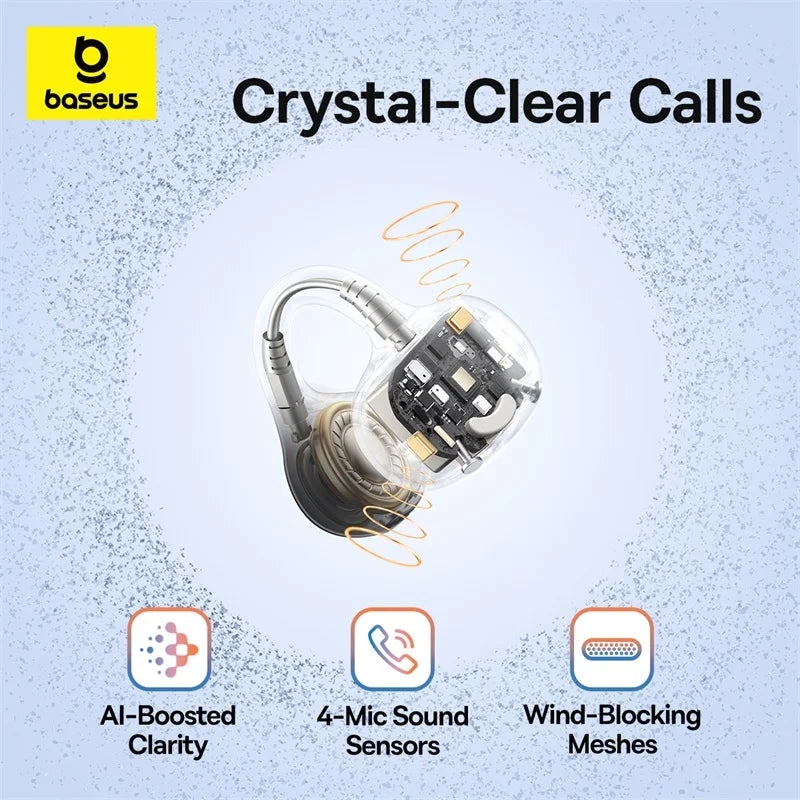 Baseus BC1 Ohrclip-Ohrhörer, kabellose Open-Ear-Kopfhörer, Bluetooth 6.0, Clip-on-Sportkopfhörer, 4 Mikrofone, Super-Bass, IP55, Ohrhörer