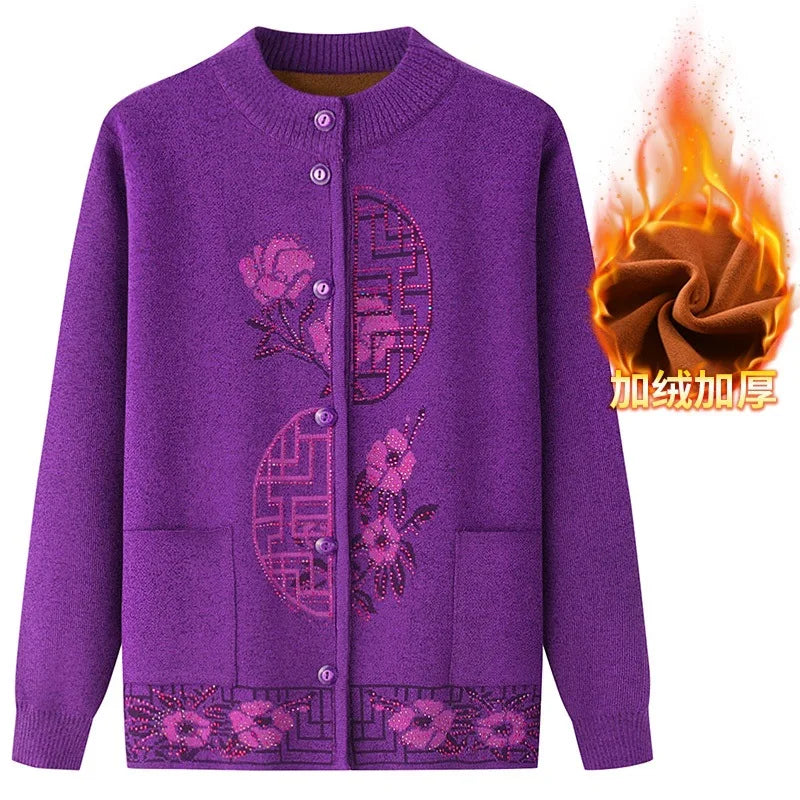 2025 Oma Pullover Frauen Frühling Herbst Pullover Mantel Mutter Strickjacke Für Frau Samt Strickwaren Weibliche Kleidung 5XL 2898