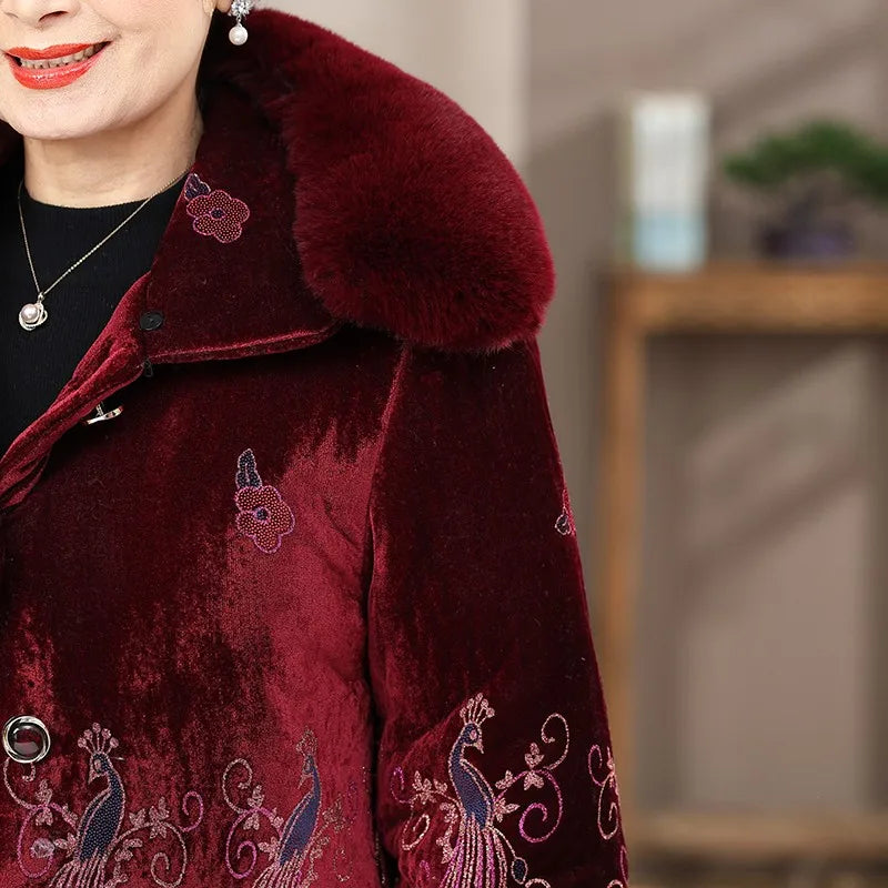 Winter-Damenjacke mit Baumwollpolsterung, 50 bis 80 Jahre alt, Oma-Mantel, dicker Samt, warm, mittleres Alter, Mutterpositionierung, Blumenparka