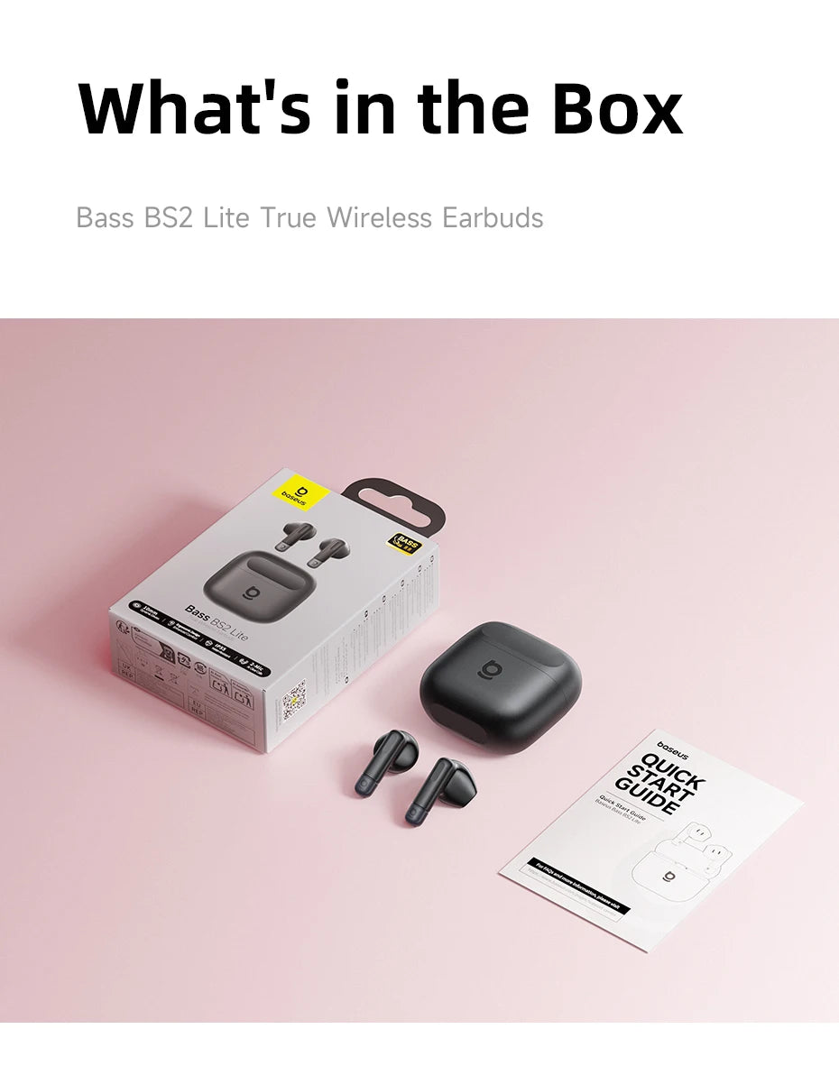 Baseus Bass BS2 Lite True Wireless Earbuds Bluetooth 6.0 Semi-In-Ear-Kopfhörer 2-Mikrofon AI ENC 40H Spielzeit IP55 SuperBass Ohrhörer