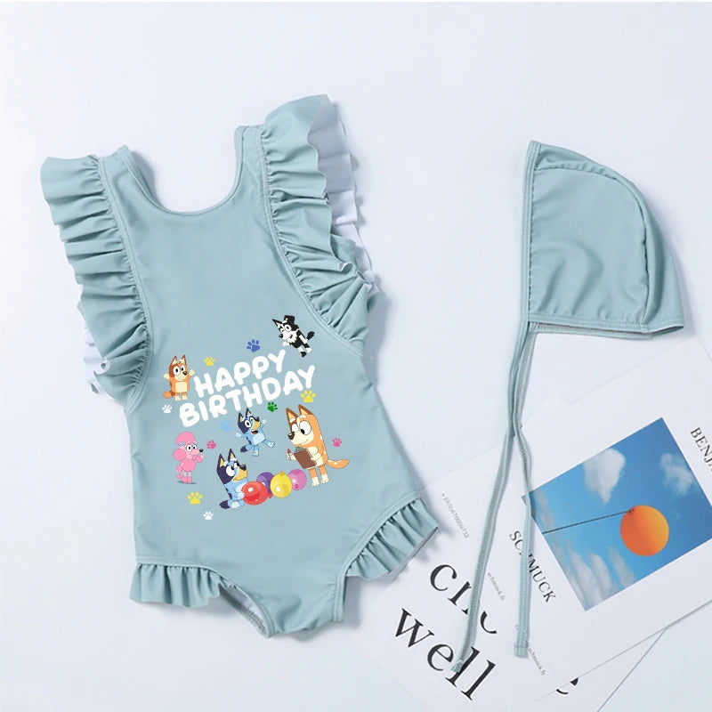 Cartoon Bluey Mädchen Sommer-Badeanzüge Kinder Einteilige & Bikini-Sets mit Badekappe Strandkleidung Bademode für Kinder