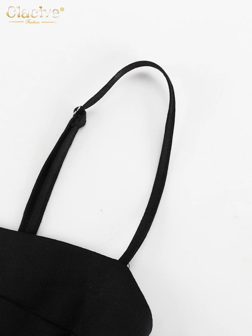 Clacive Sexy Lose Schwarz Baumwolle Damen Kleider 2024 Sommer Strap Ärmellose Knöchel Länge Kleid Elegante Aushöhlen Weibliche Kleid