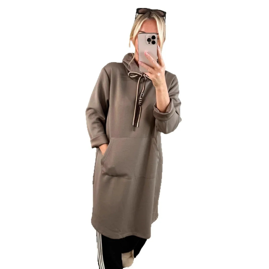 Kleider Damen Herbst Herbst Winter Mit Kapuze Sweatshirt Kleid Frauen Neue Tasche Büro Pendeln Alle-spiel Einfarbig Gestrickte Kleid