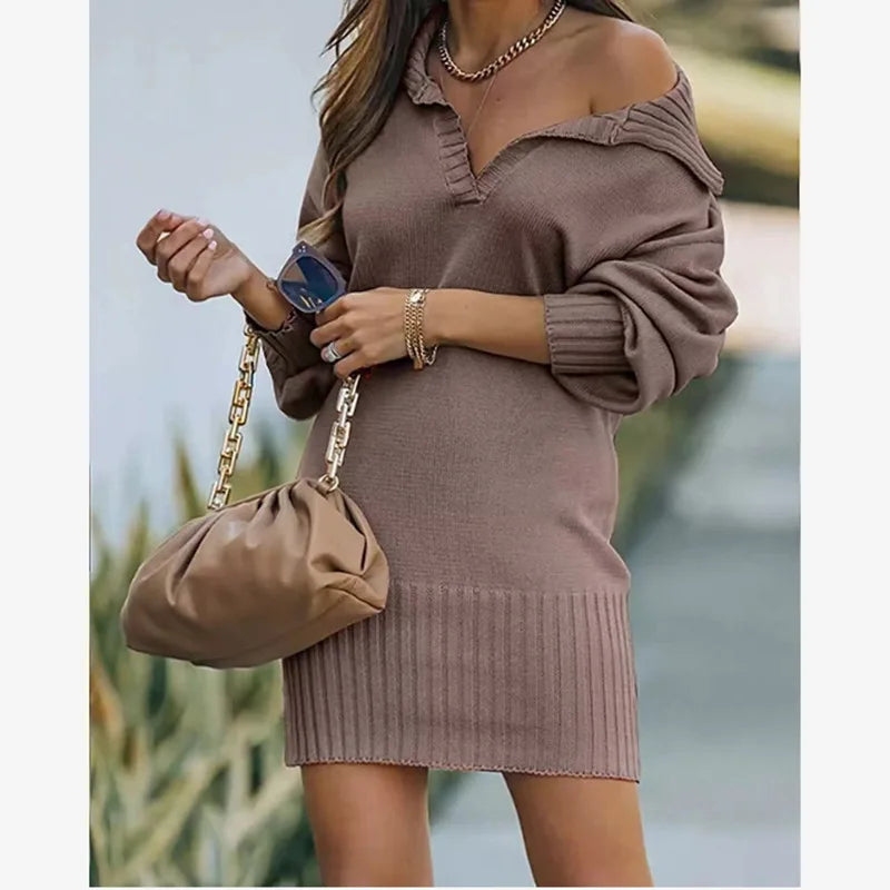Kleider Damen Herbst Einfarbig Revers Lange Ärmel Einfarbig frauen Büro Pendeln Kleid Roupas Para Festa A Noite Feminina