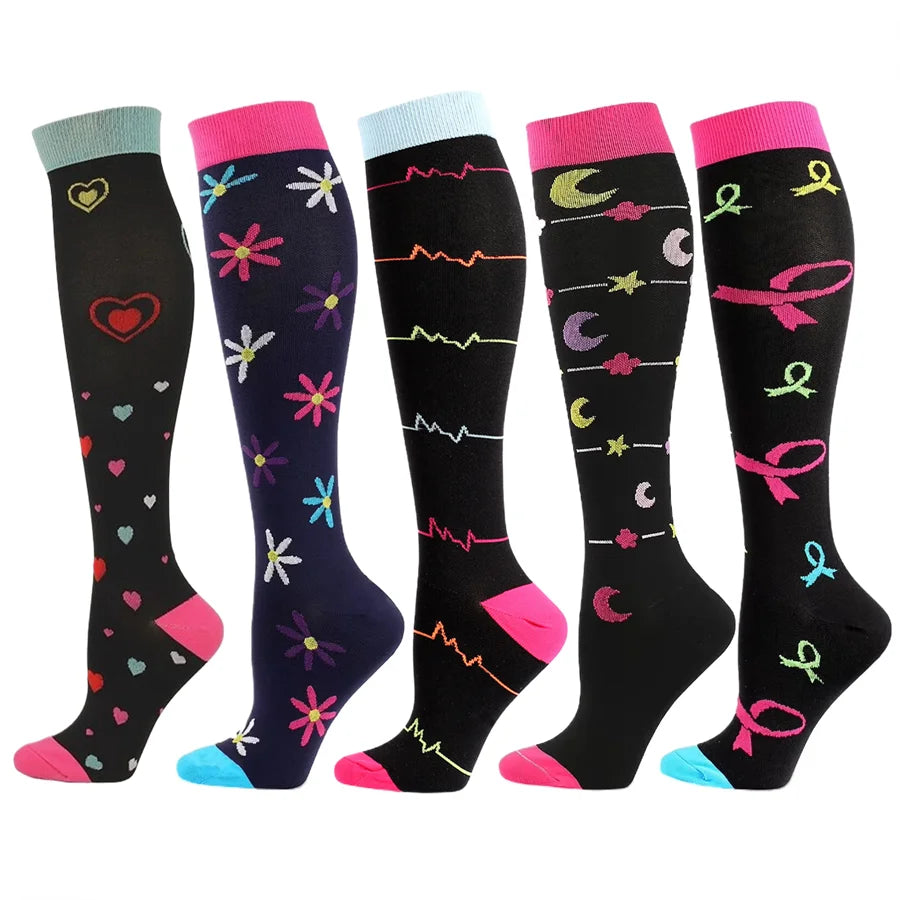 5 Paar Kompressionssocken für Damen, Wandern, Laufen, elastische Socken, Sportsocken, Flug, Schwangerschaft, geschwollene Krampfadern, Marathon-Socken