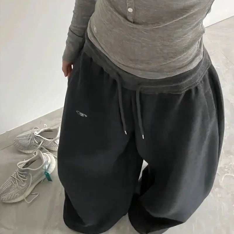 Amerikanischen Retro Hip-Hop Übergroßen Frau Schwarz Casual Jogginghose Koreanische Streetwear Lose Jogging Hosen Hohe Taille Breite Bein Hosen