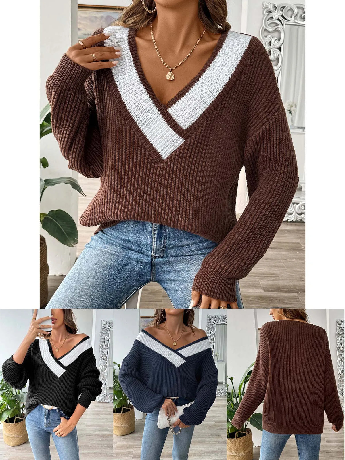 Frauen Invierno Pull Automne Femme Modische V-ausschnitt Lange ärmeln Lose Einfarbig Spleißen Pullover Pullover Herbst Modus Damen