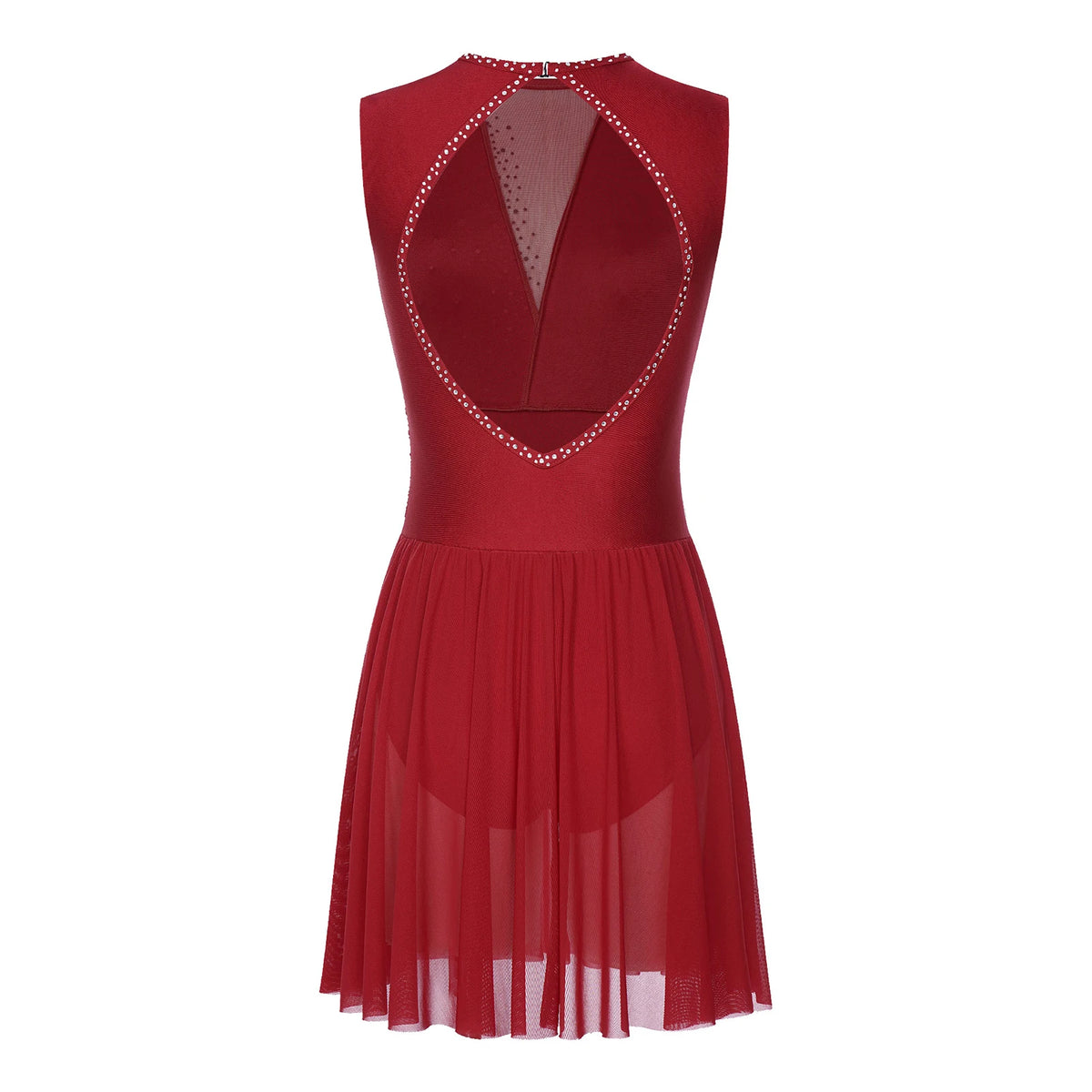 Damen-Ballettkleid mit Rüschen, lyrisches Tanzkleid, runder Kragen, ärmellos, Strass, rückenfrei, für Bühnenauftritte, Wettbewerb