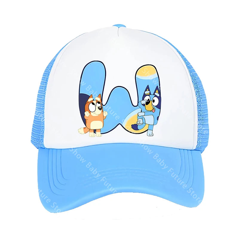 Blueys Baseballkappen für Erwachsene, Jungen und Mädchen, Kawaii-Buchstaben, zwei Größen, atmungsaktive Sport-Mesh-Mütze, niedlicher Cartoon-Anime-Sonnenhut, Geschenke