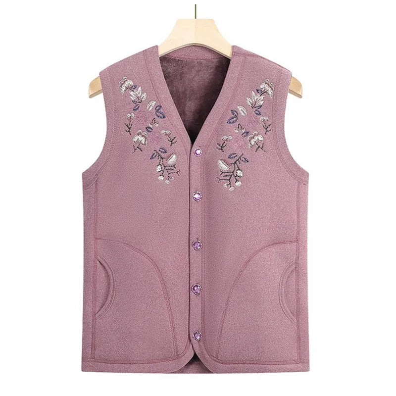 Oma Herbst Winter Weste Frau Stickerei Einreiher Plüsch Warme Ärmellose Jacke Weibliche Casual Weste Mantel 4XL 2925