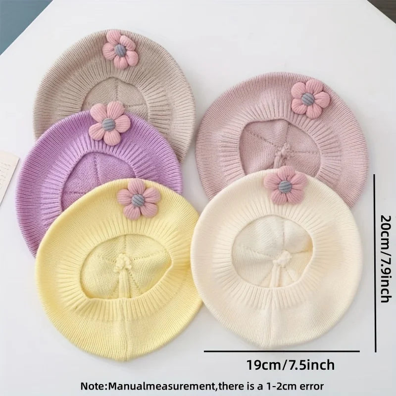 Blume Baby Baskenmütze Hut Winter Warme Gestrickte Beanie Cap für Kleinkind Mädchen Koreanische Kleinkind Prinzessin Künstler Einfarbig Maler Kappen