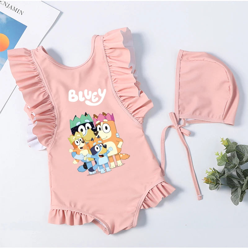 Cartoon Bluey Mädchen Sommer-Badeanzüge Kinder Einteilige & Bikini-Sets mit Badekappe Strandkleidung Bademode für Kinder