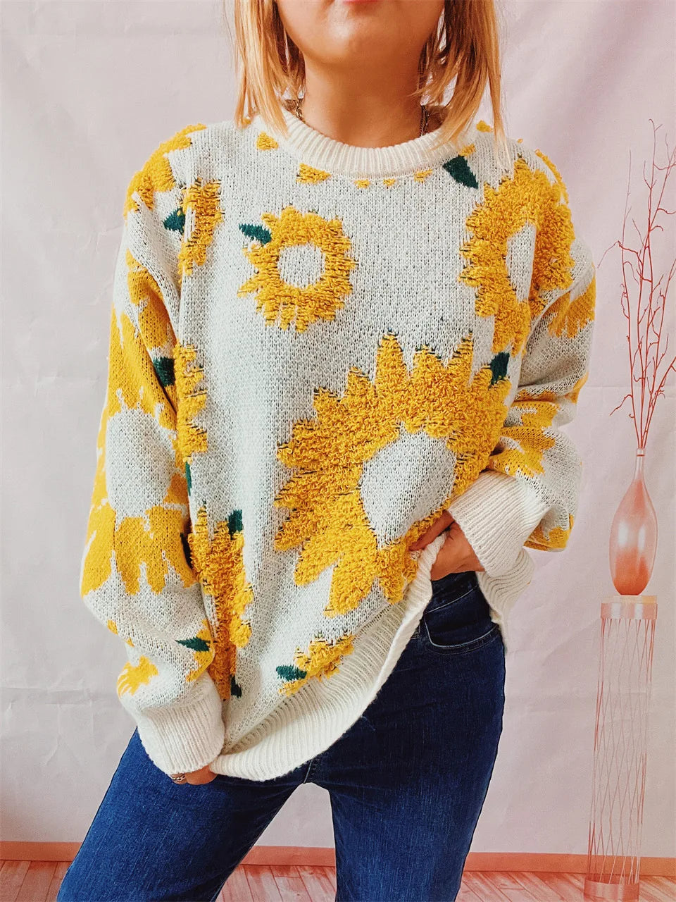 Damen Herbst Pullover Damen Mode Rundhalspullover mit Blumendruck, vielseitig einsetzbar für Herbst und Winter Herbst Pullover Damen