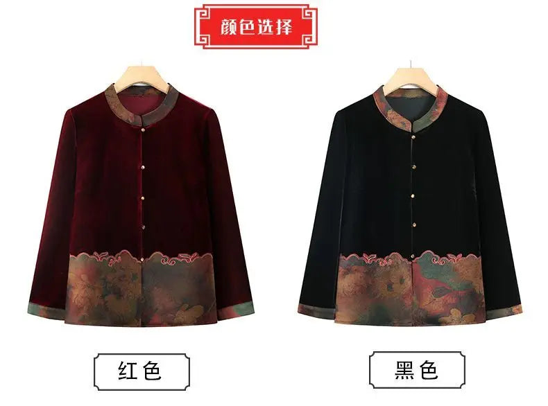 Samtjacke für ältere Frauen, Frühling/Herbst, Blumenmuster, Stehkragen, lange Ärmel, locker geschnittener Mantel für alte Großmütter