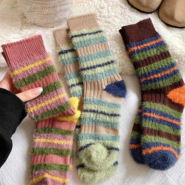 1/3 Doppel farbige Streifen Socken Damen Herbst Winter Socken Wolle Boden Socken dicke Plüse Innensocken weich