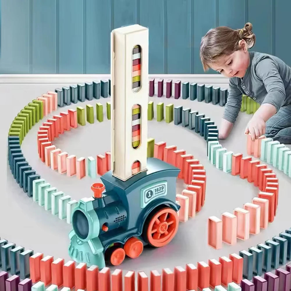 Domino-Zug für Kinder, automatisches Verleggen von Elektroautos, buntes Dominosteinen-Set, Ziegelblöcke, Kits, Spiele, Lernspielzeug, Geschenk für Mädchen und Jungen