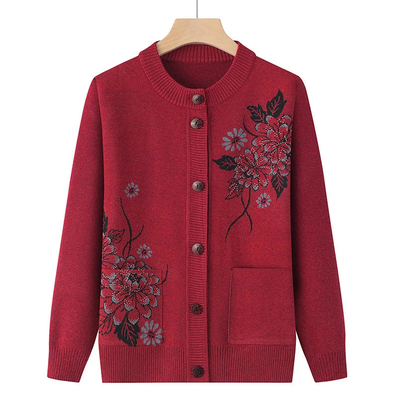 Koreanische frauen Kleidung Neue Stricken Woolen Gedruckt Strickjacke Mantel Mittleren Alters Mutter Strickwaren Tops Vintage Oma Pullover Jacke