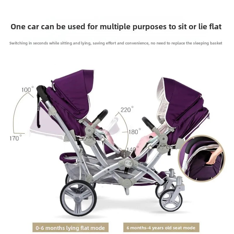 Faltbarer Zwillingskinderwagen, Doppelsitz-Kinderwagen für zwei Babys, stoßdämpfender Zwillingskinderwagen, multifunktional